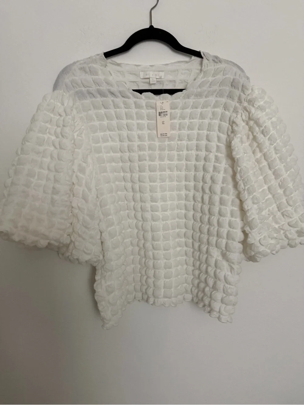 Anthropologie White Textured Puff-Sleeve Top